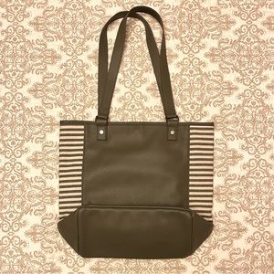 Thirty-One Colorblock Tote / Handbag, Olive Green with Cream Stripes